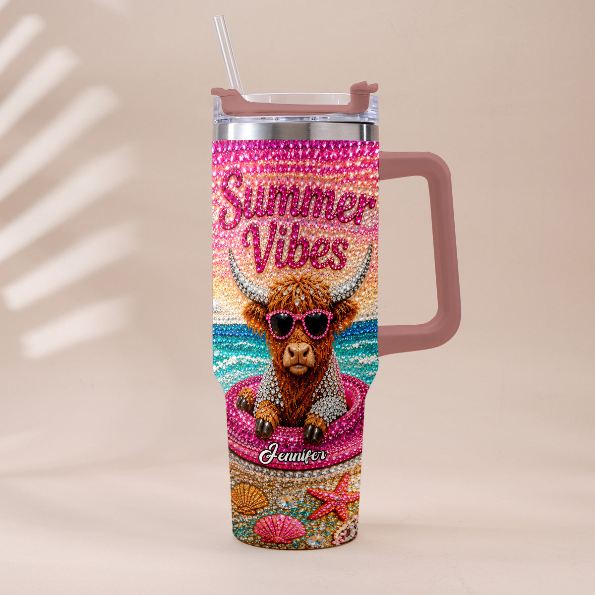 Summer Vibes - Personalized Highland Cow Tumbler With Plush Charm