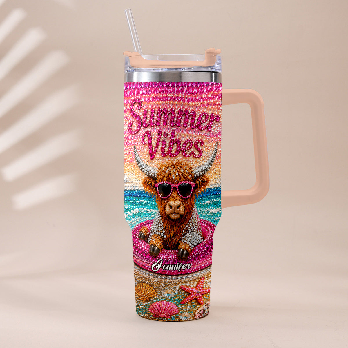 Summer Vibes - Personalized Highland Cow Tumbler With Plush Charm
