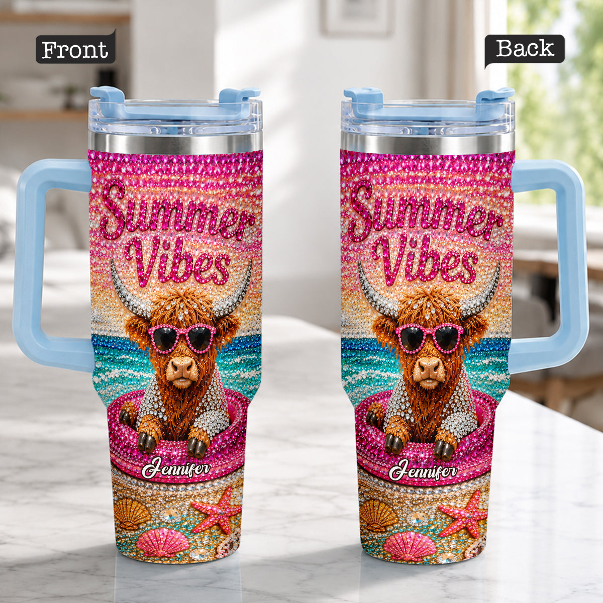 Summer Vibes - Personalized Highland Cow Tumbler With Plush Charm