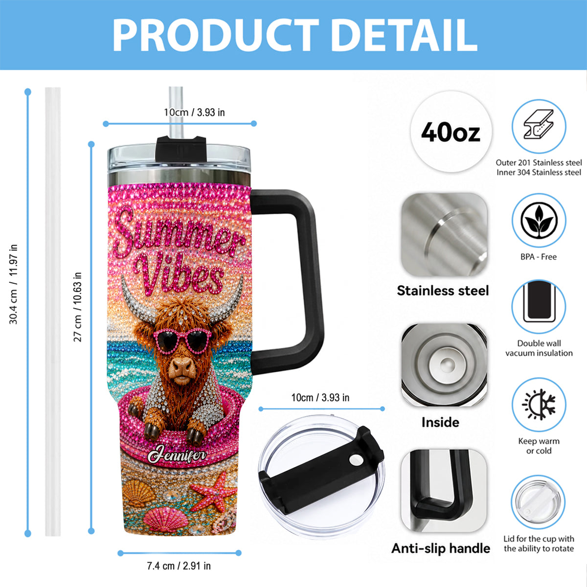 Summer Vibes - Personalized Highland Cow Tumbler With Plush Charm