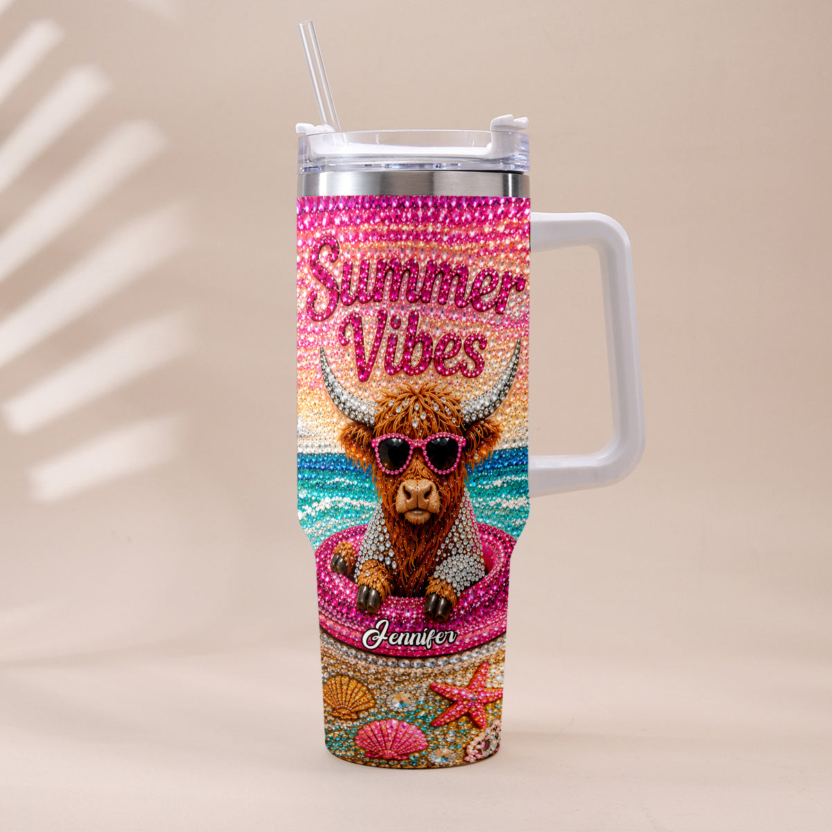 Summer Vibes - Personalized Highland Cow Tumbler With Plush Charm