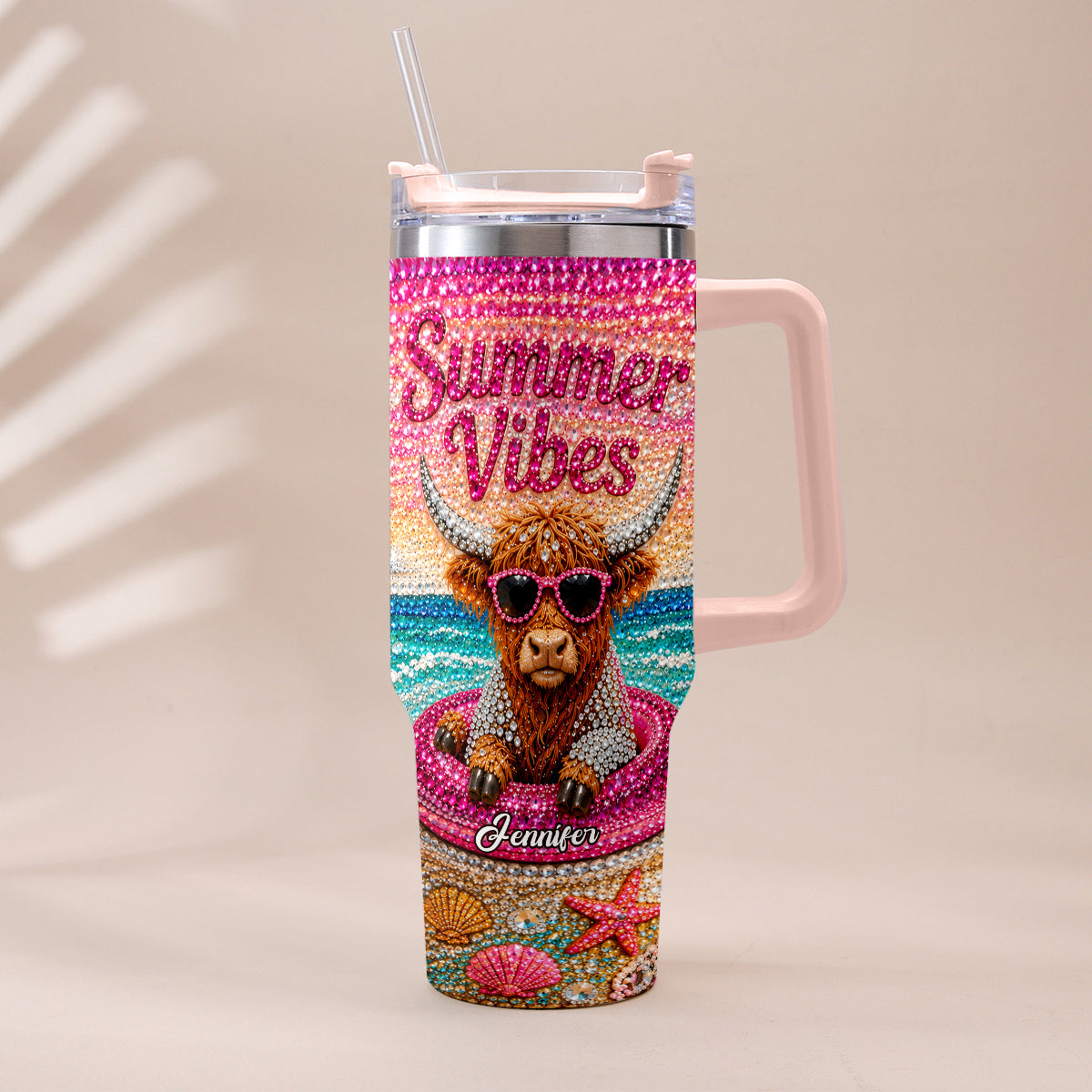 Summer Vibes - Personalized Highland Cow Tumbler With Plush Charm