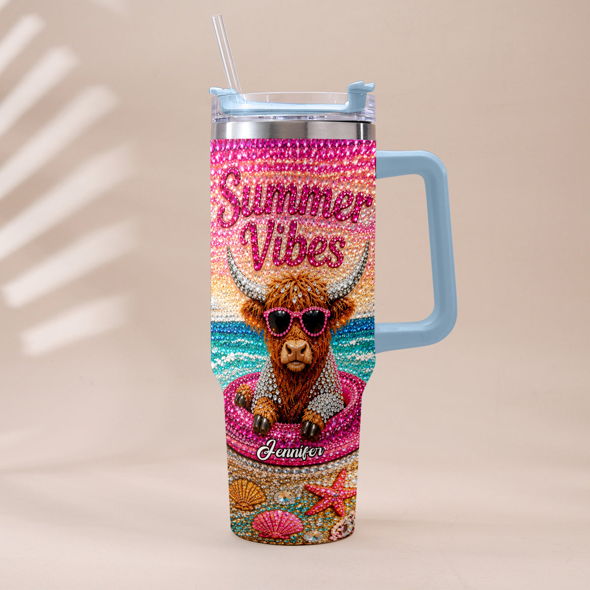 Summer Vibes - Personalized Highland Cow Tumbler With Plush Charm
