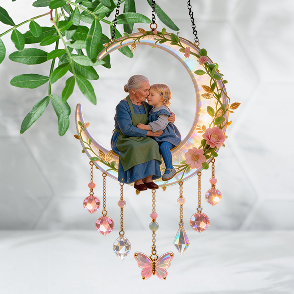 Love You To The Moon, Mother's Grandma Gift - Personalized Mother Window Hanging Suncatcher With Charms