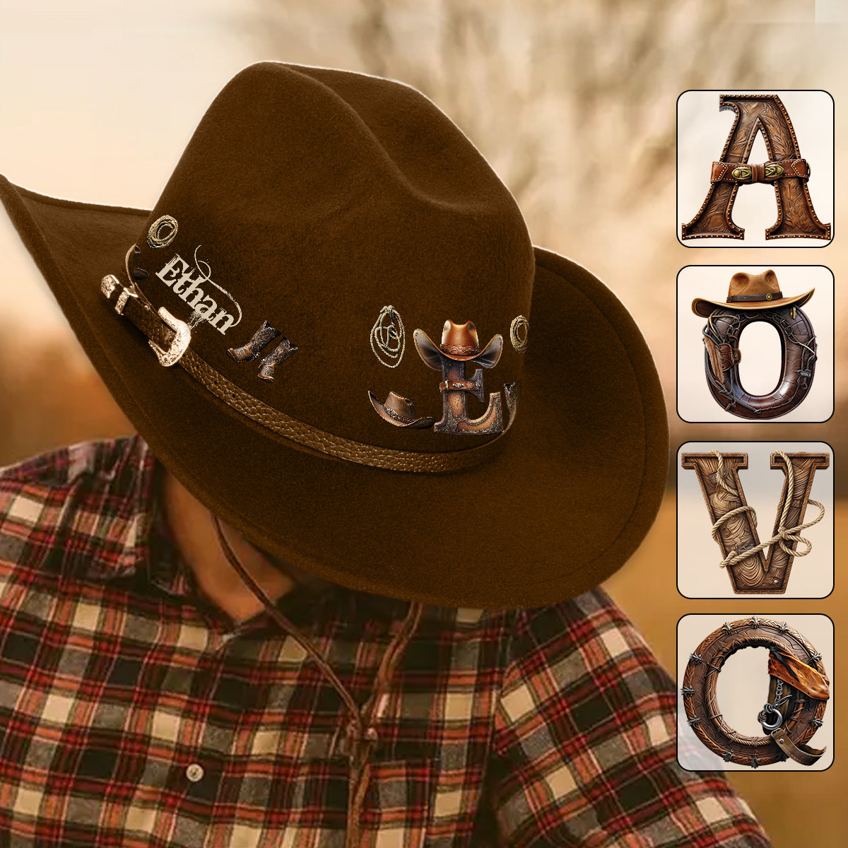 Western Style Initial Letter - Personalized Cowgirl Wide Brim Cowboy Hat