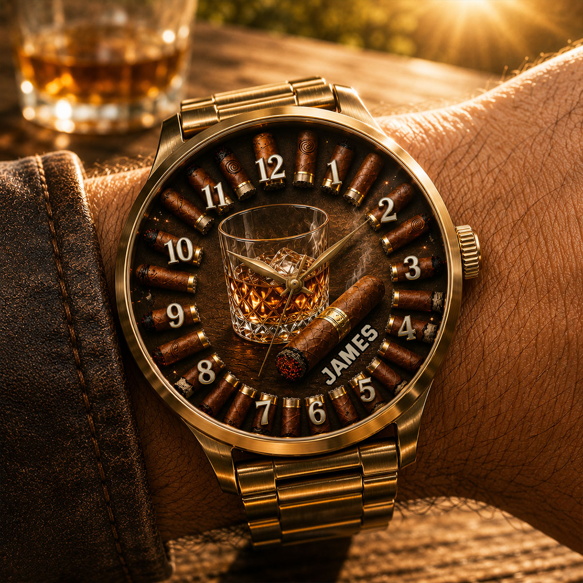 Whiskey and Cigar, Gift for Men - Personalized Whisky Hand Watch