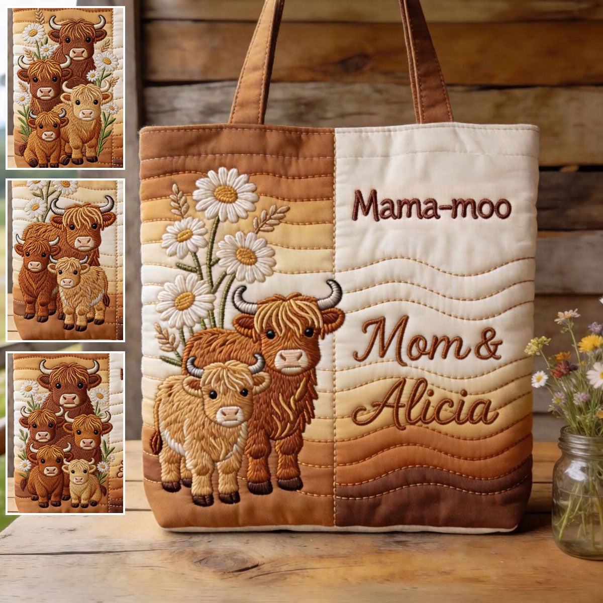 Mama-moo - Personalized Highland Cow Quilted Tote Bag