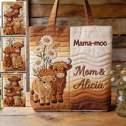 Mama-moo - Personalized Highland Cow Quilted Tote Bag