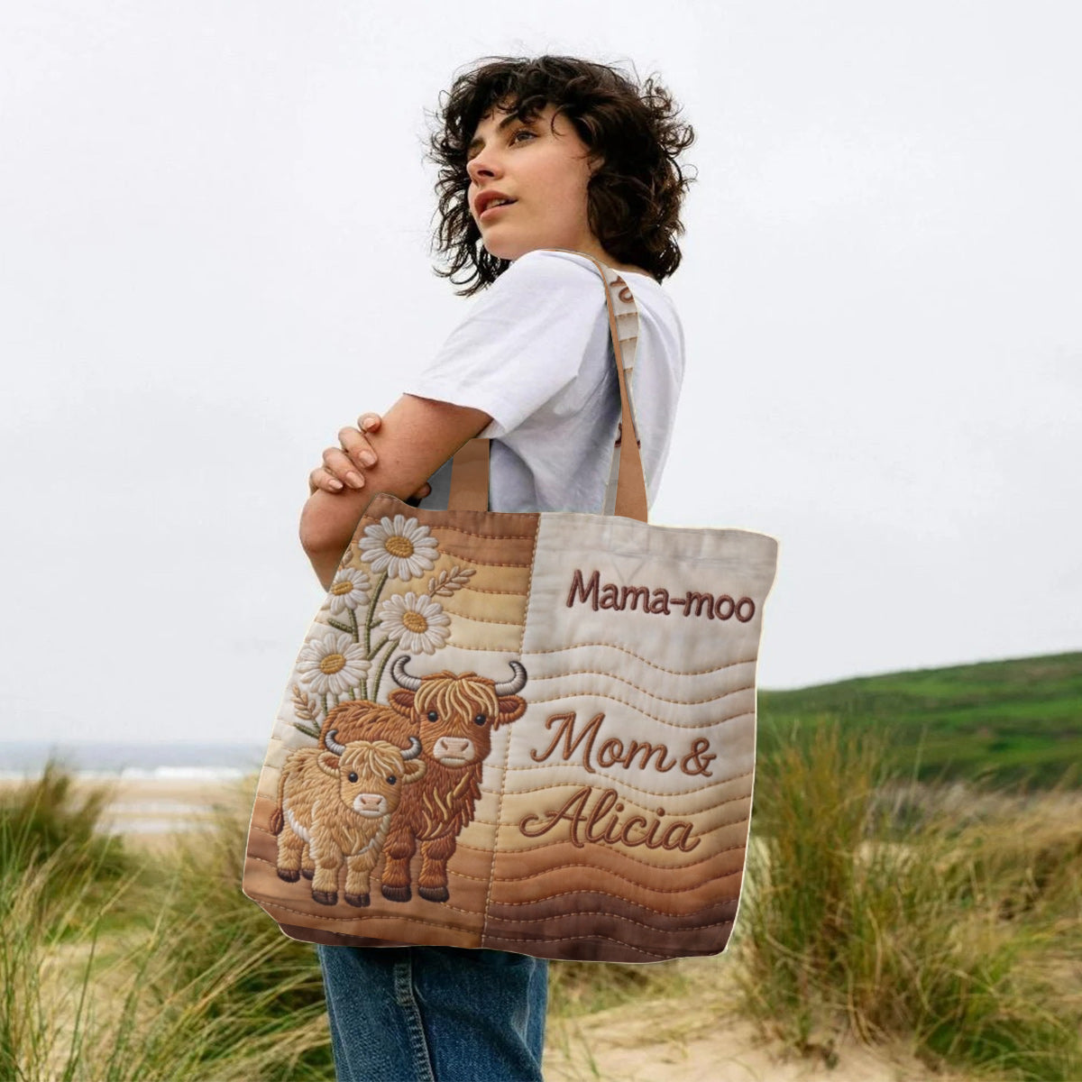 Mama-moo - Personalized Highland Cow Quilted Tote Bag