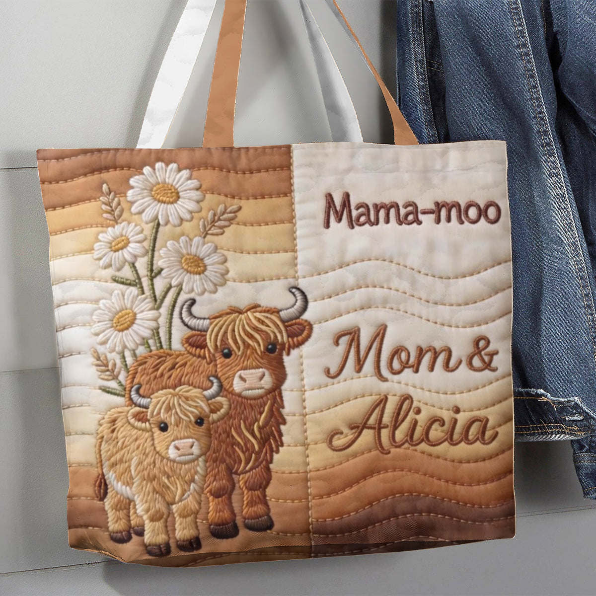 Mama-moo - Personalized Highland Cow Quilted Tote Bag