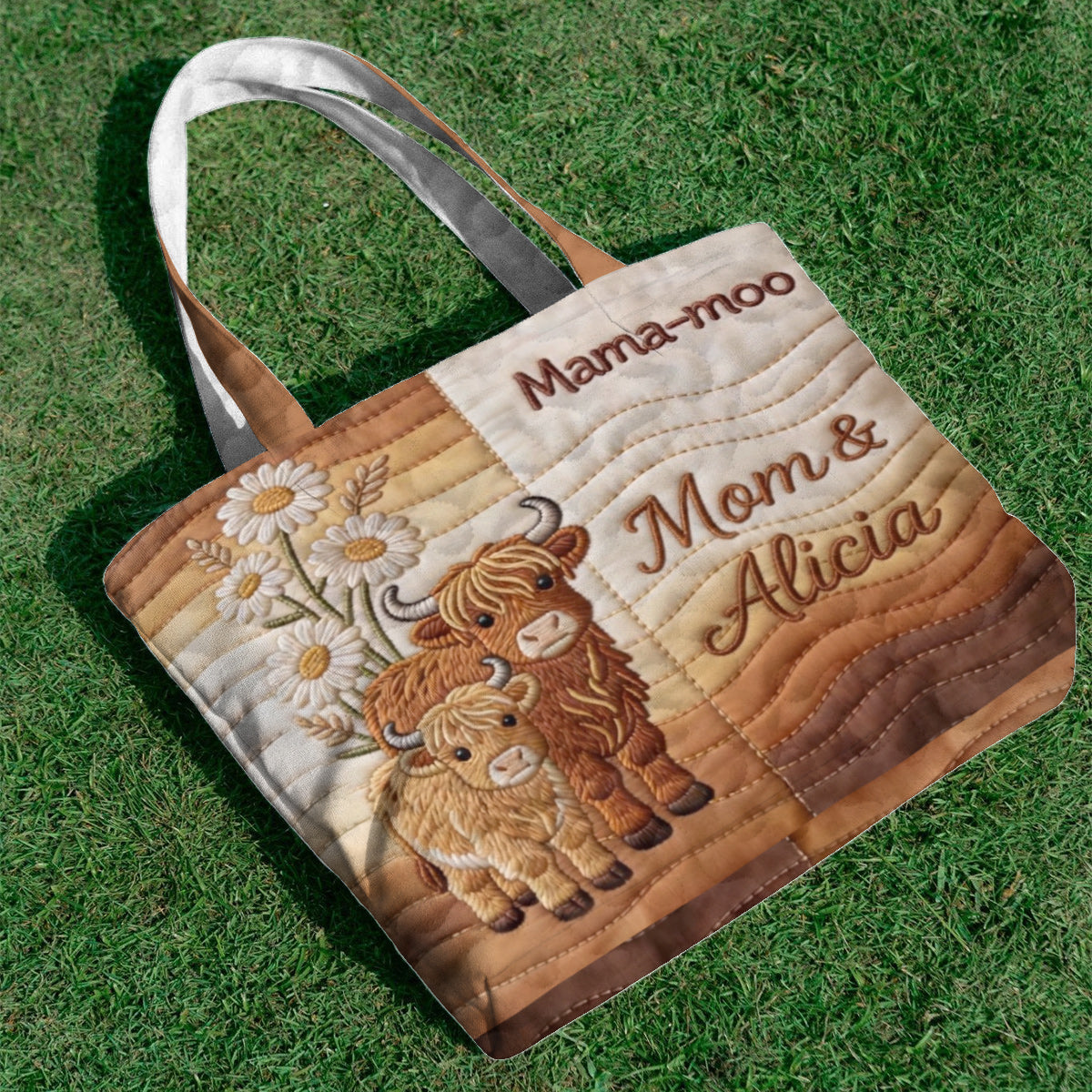 Mama-moo - Personalized Highland Cow Quilted Tote Bag