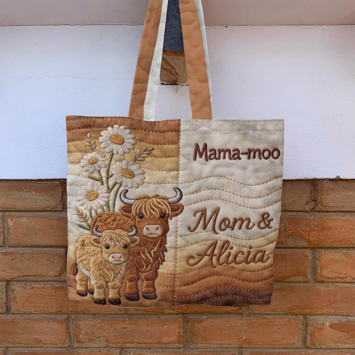 Mama-moo - Personalized Highland Cow Quilted Tote Bag
