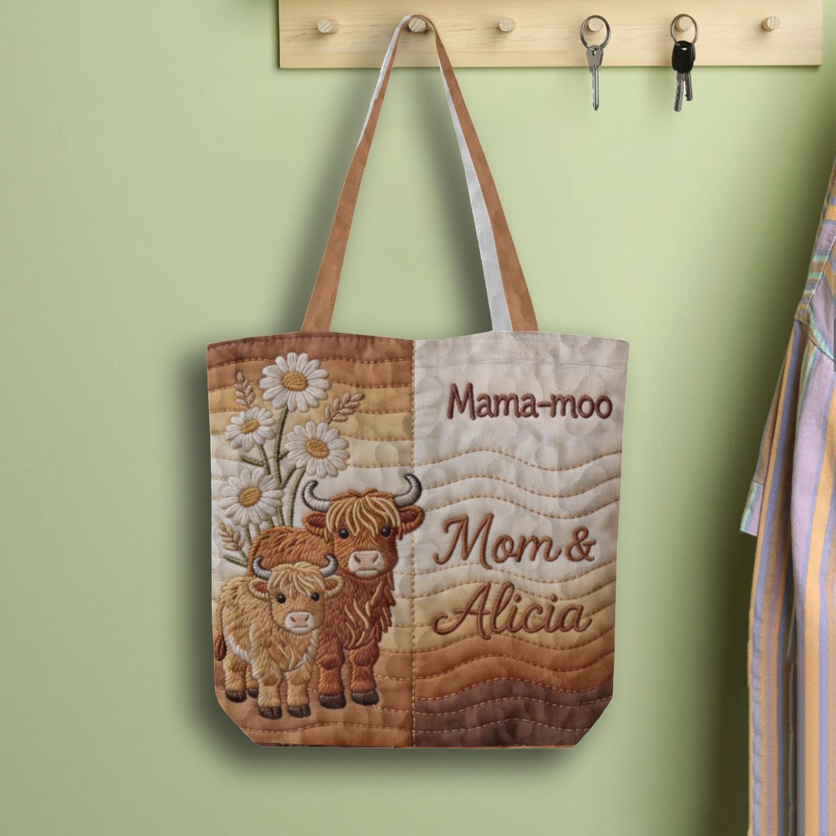 Mama-moo - Personalized Highland Cow Quilted Tote Bag
