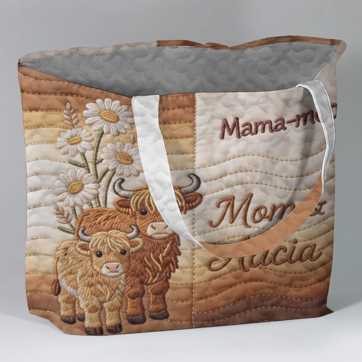 Mama-moo - Personalized Highland Cow Quilted Tote Bag