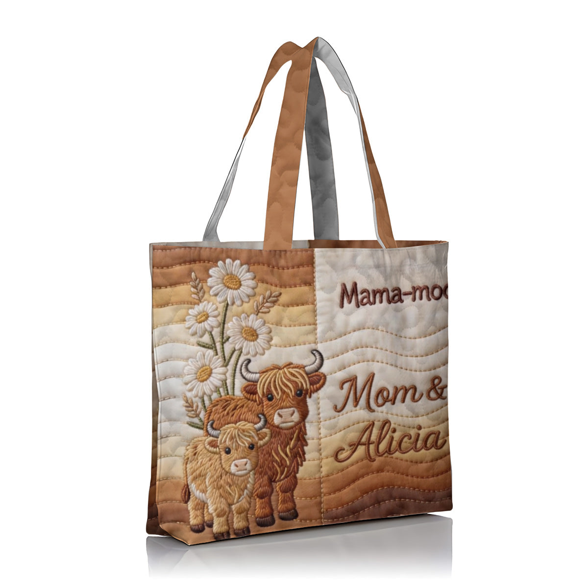 Mama-moo - Personalized Highland Cow Quilted Tote Bag