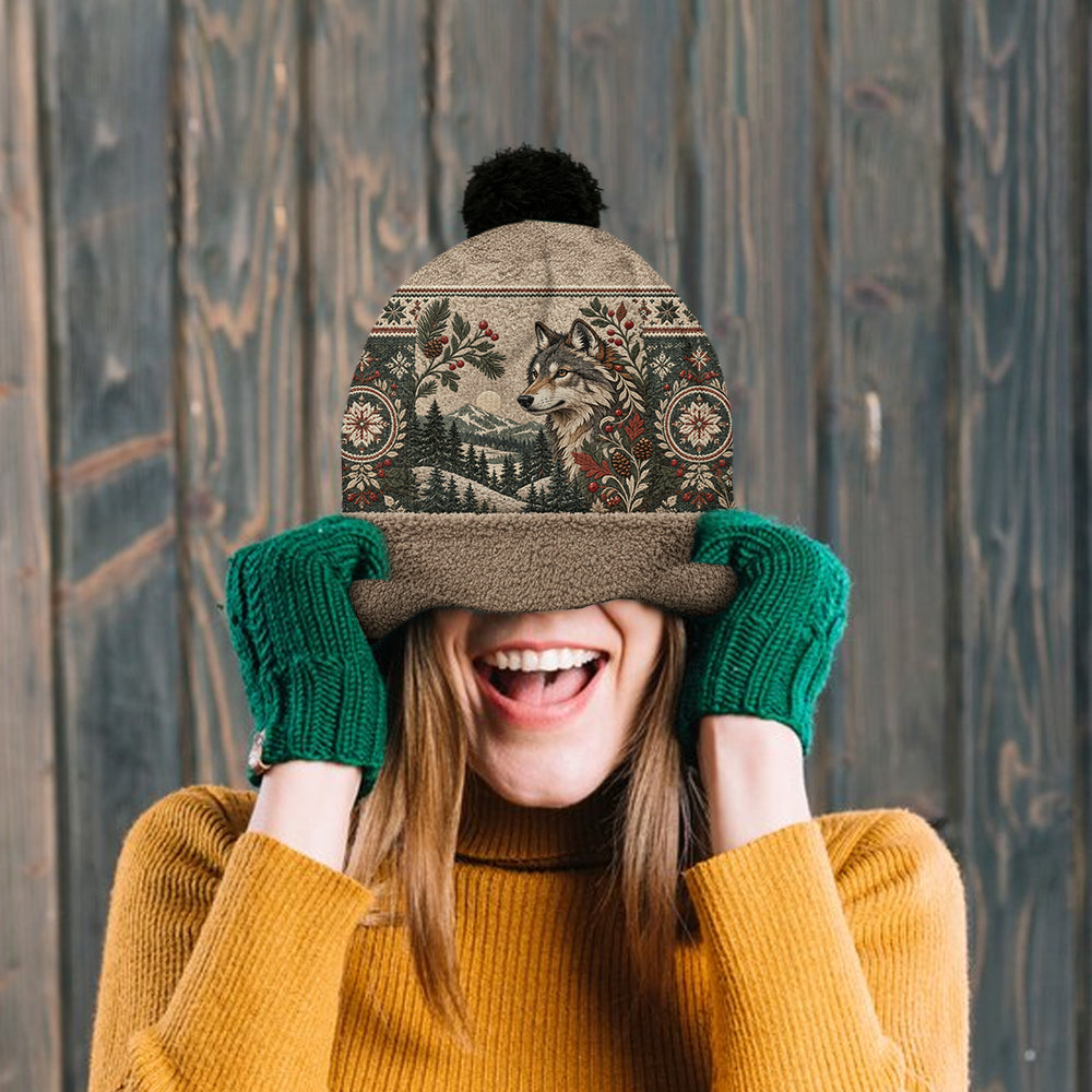 Snowy Forest - Personalized Wolf Beanie Hat