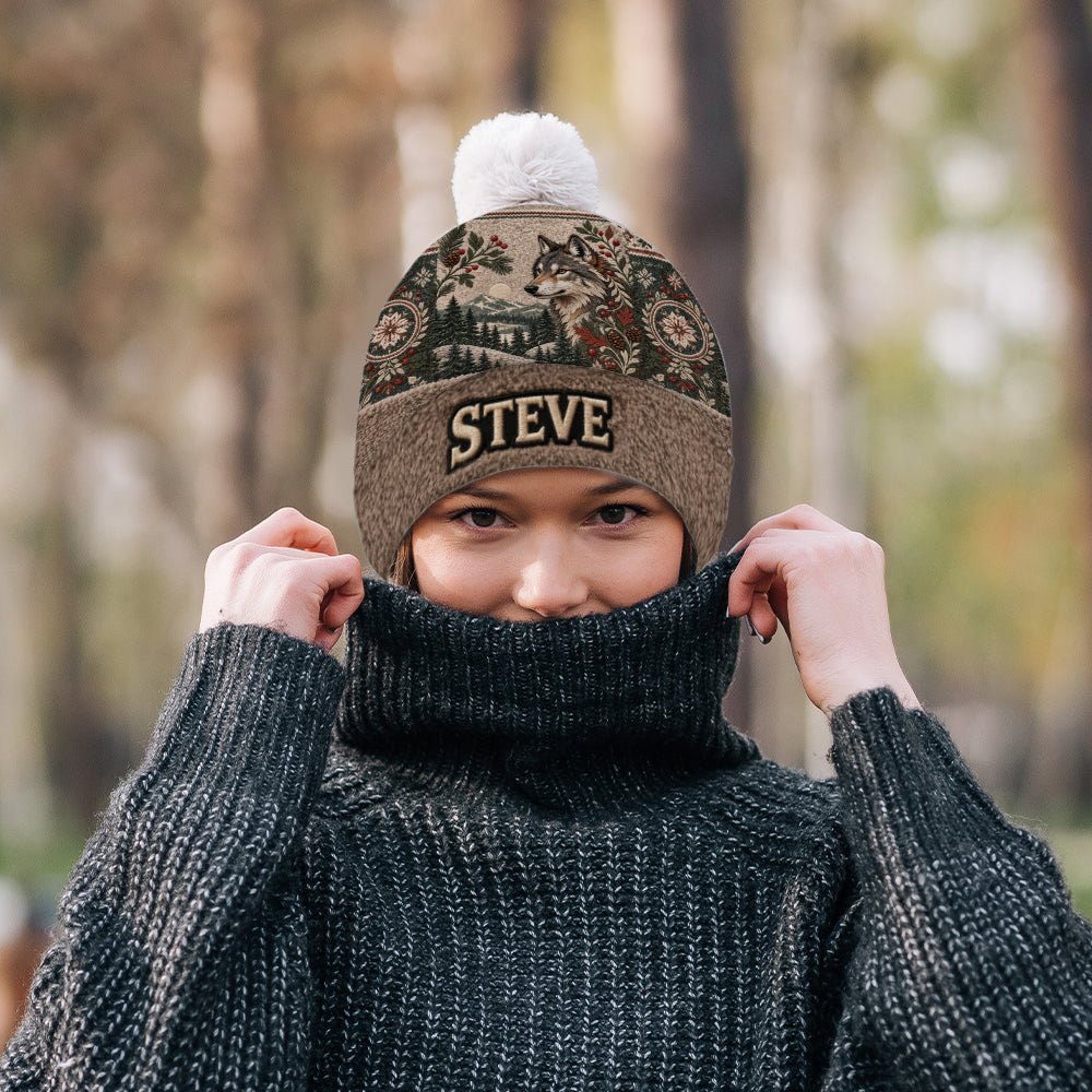 Snowy Forest - Personalized Wolf Beanie Hat