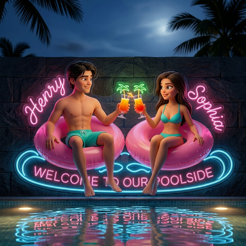Welcome To Our Poolside - Personalized Couple Neon LED Light Sign