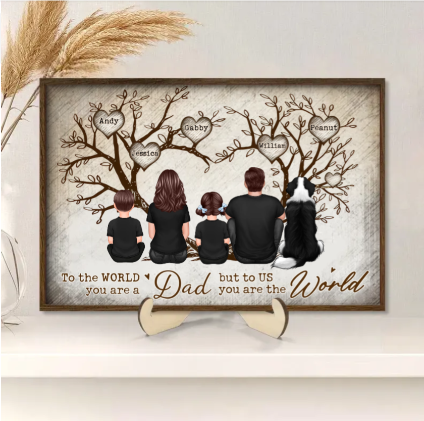 Back-View Family & Dog Tree Poster – “To the World You Are a Dad” Personalized Wall Art, Father’s Day Gift from Kids or Wife