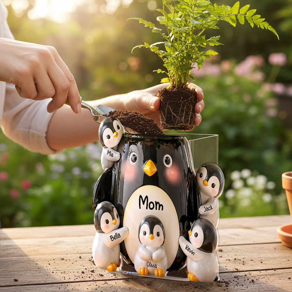 Mother Gift Idea, Penguin Lover - Personalized Penguin Lover Acrylic Pot