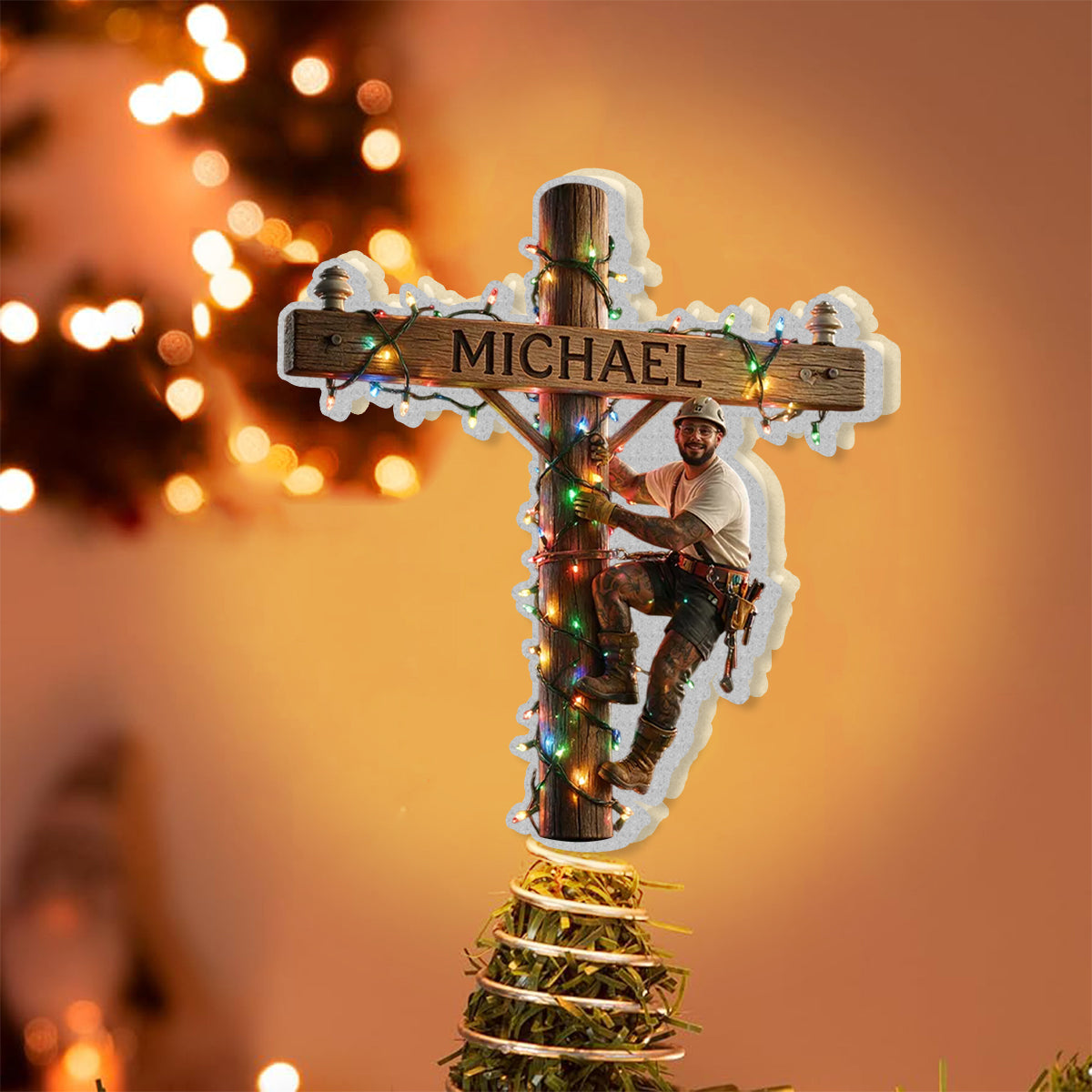 Light Up The Christmas - Personalized Lineman LED Light Tree Topper