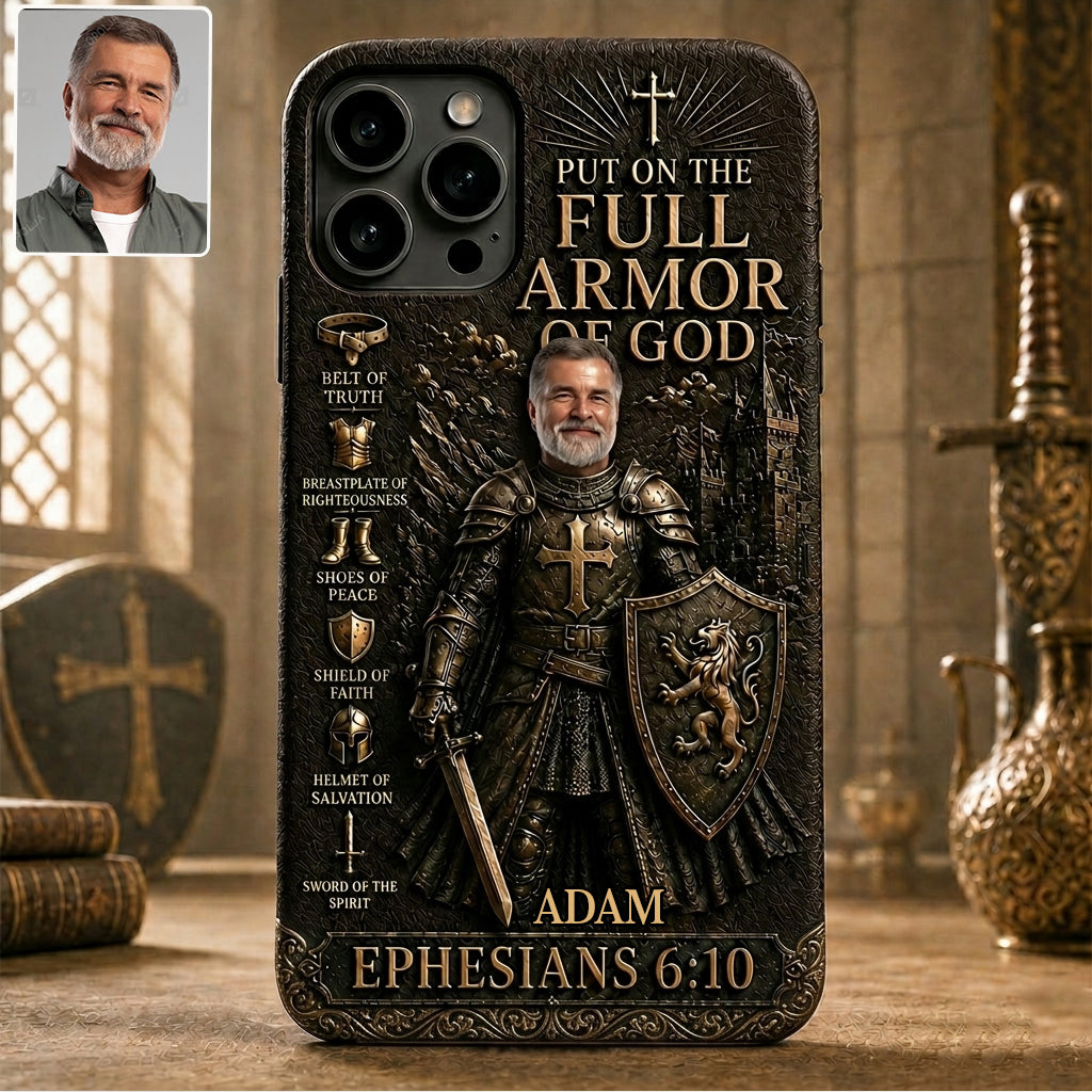 Put On The Full Amor Of God, Gift for Christians - Personalized Christian 3D Embossed Leather Phone Case