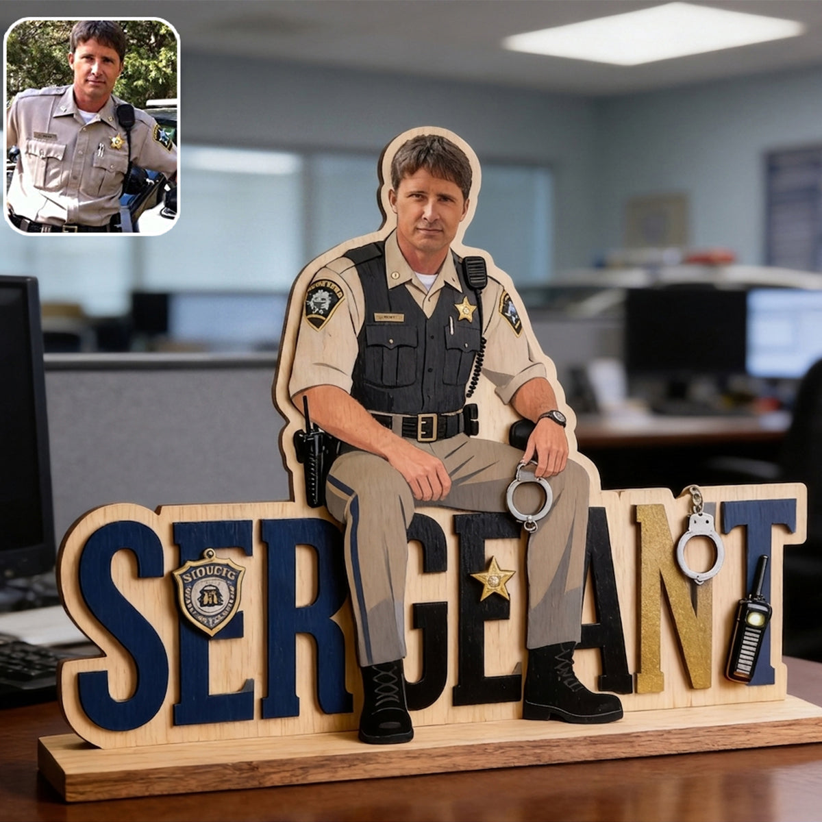 Police Table Name Plate - Personalized Police Officer 2 Layered Big Freestanding