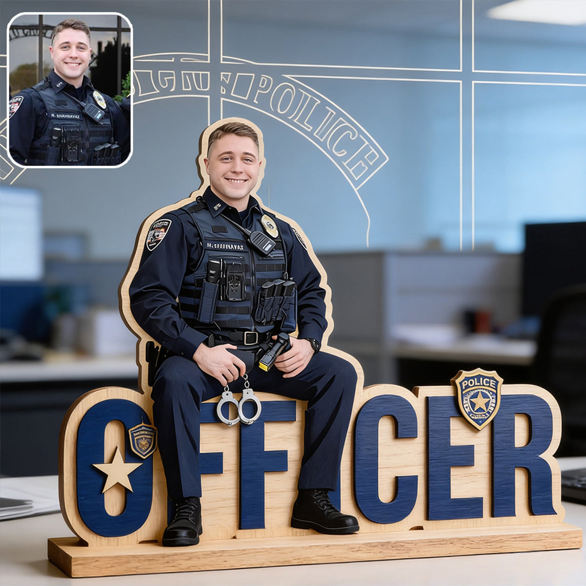 Police Table Name Plate - Personalized Police Officer 2 Layered Big Freestanding