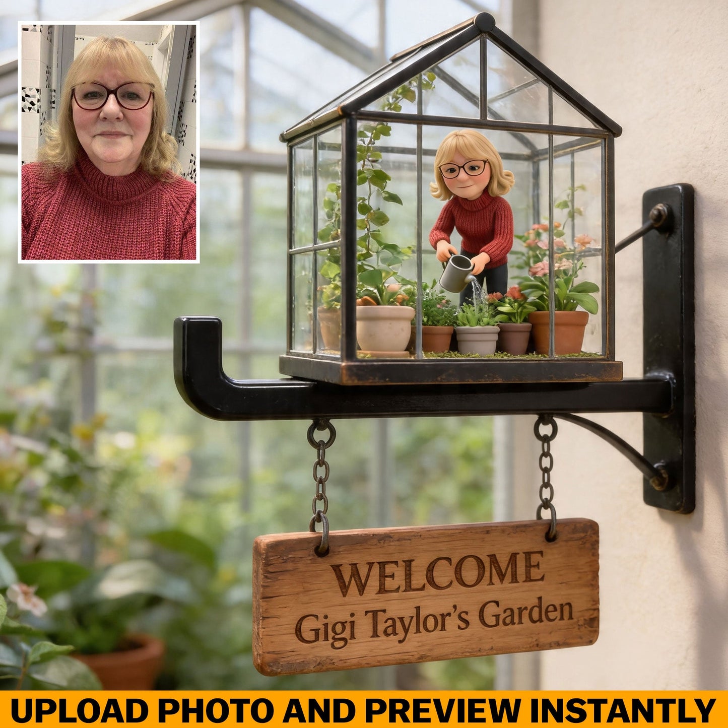 Miniature Green Glass House - Personalized Gardening Wooden Wall Mount Sign