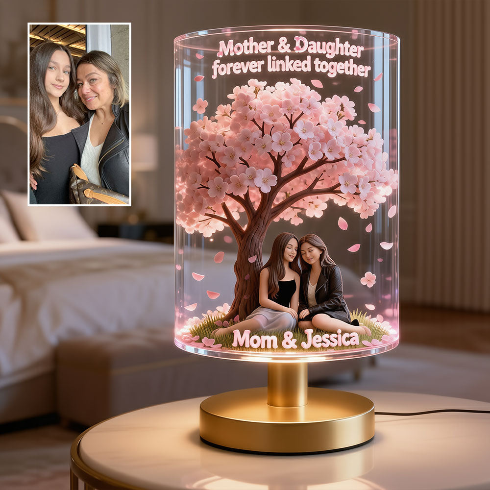 Mother And Daughter Love - Personalized Mother Table Lamp With Wood Base