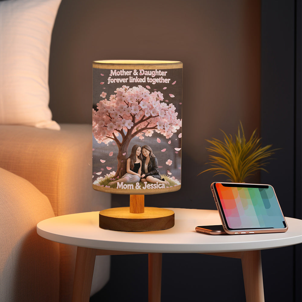 Mother And Daughter Love - Personalized Mother Table Lamp With Wood Base