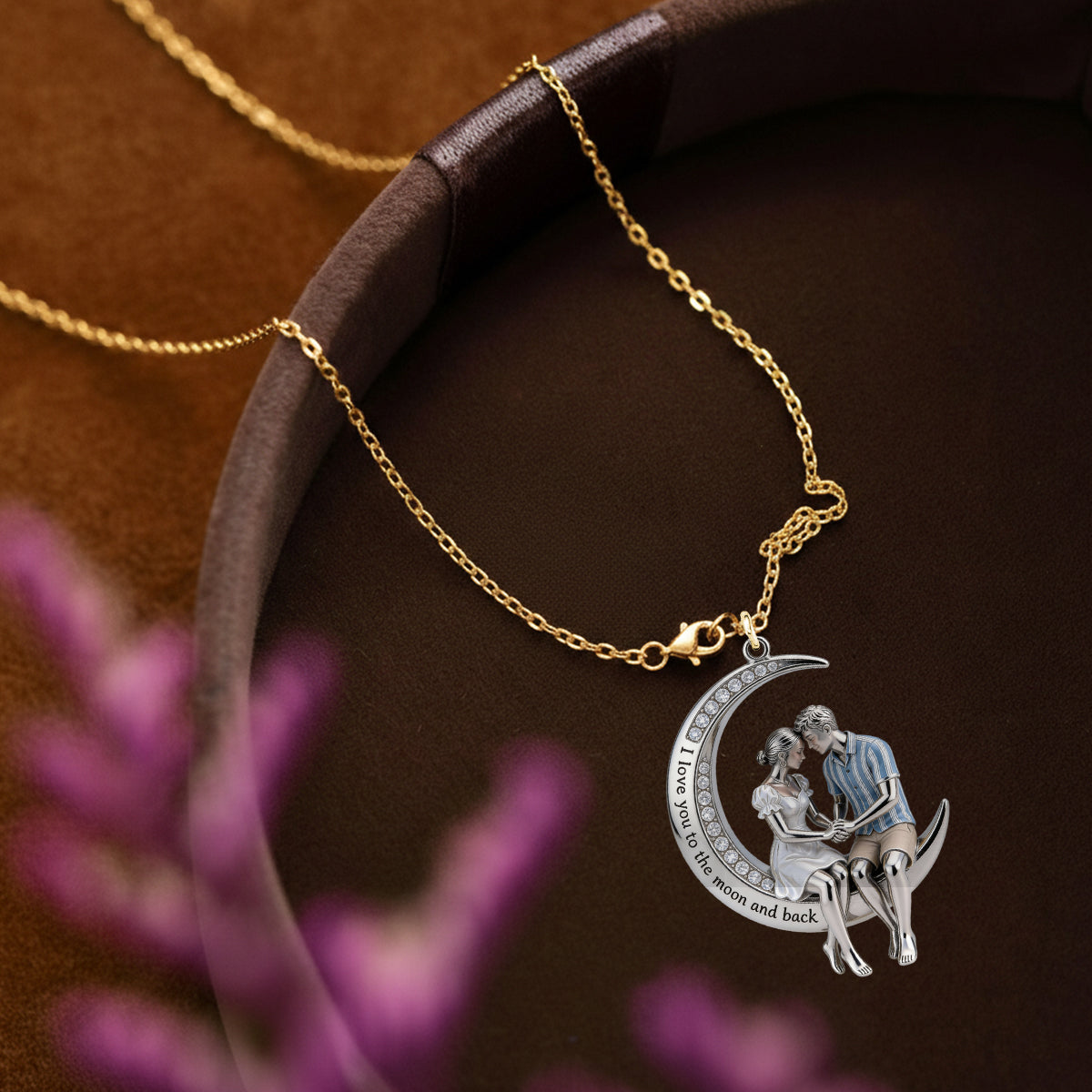 I Love You to the Moon and Back - Personalized Couple Shaped Metal Pendant Necklace