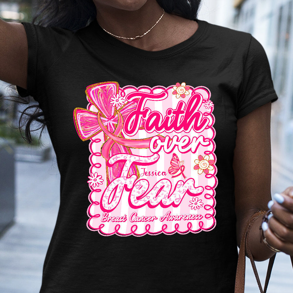 Preppy Breast Cancer Faith Over Fear - Personalized Breast Cancer Awareness T-shirt And Hoodie
