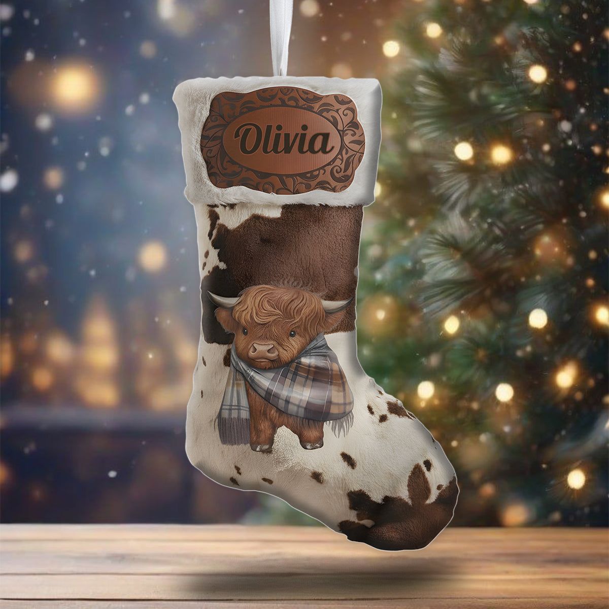 Merry Christmas - Personalized Highland Cow Shaped Christmas Stocking
