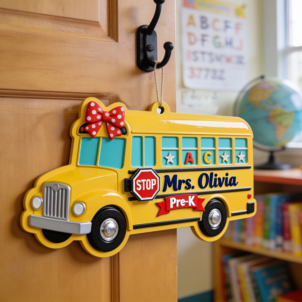School Bus 3D Shaped Door Sign - Personalized Teacher Custom Shaped Wood Sign