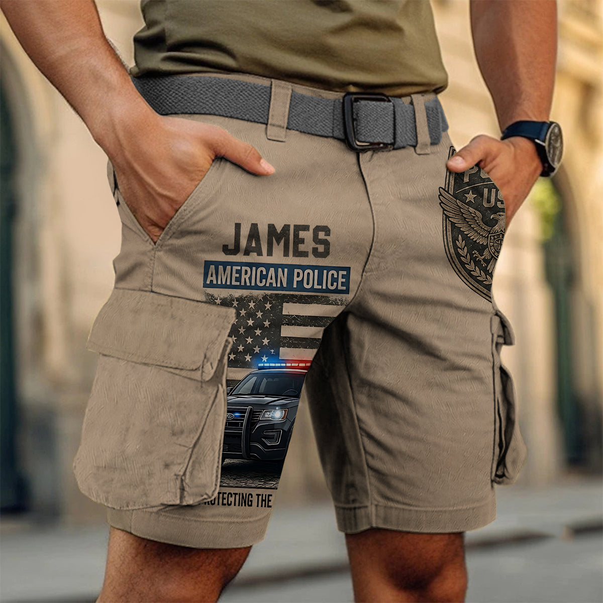Police Officer Gift - Personalized Police Officer Cargo Shorts With Belt