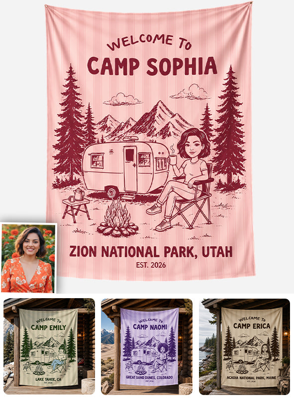 Welcome To Our Campsite - Personalized Camping Wall Tapestry