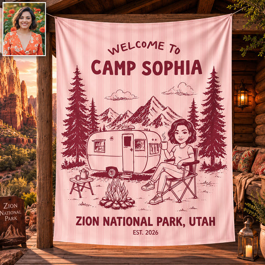 Welcome To Our Campsite - Personalized Camping Wall Tapestry