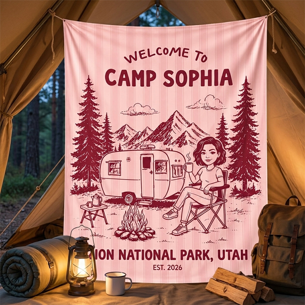 Welcome To Our Campsite - Personalized Camping Wall Tapestry
