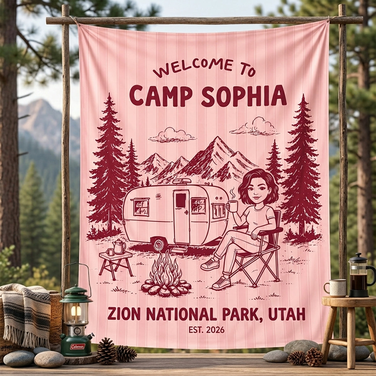 Welcome To Our Campsite - Personalized Camping Wall Tapestry