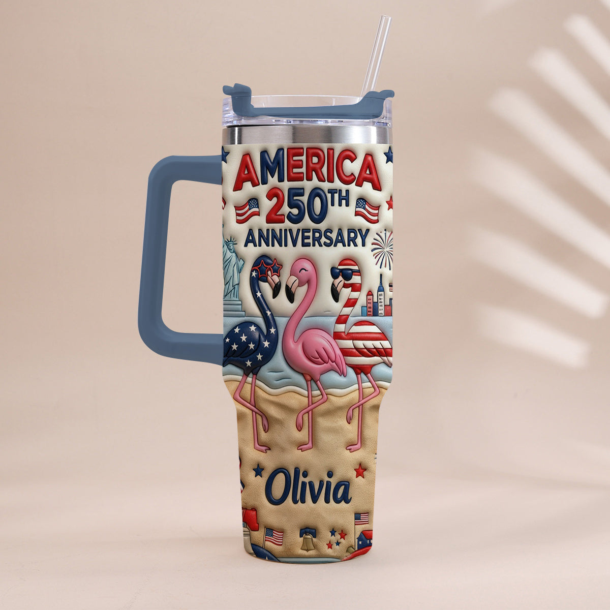 Patriotic Flamingo - Personalized Flamingo Tumbler With Handle