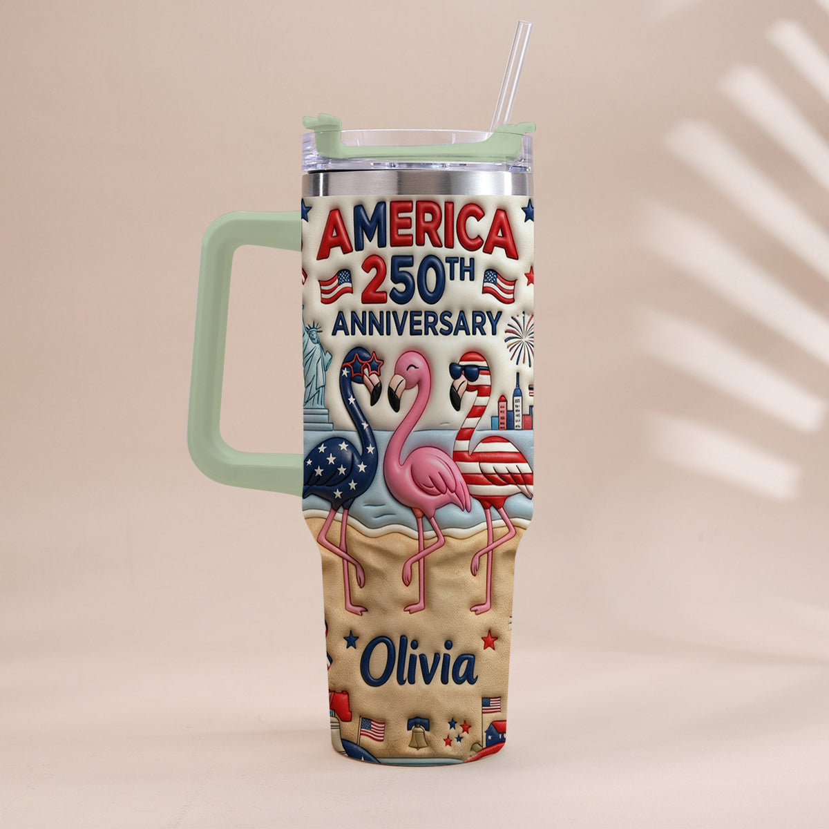 Patriotic Flamingo - Personalized Flamingo Tumbler With Handle