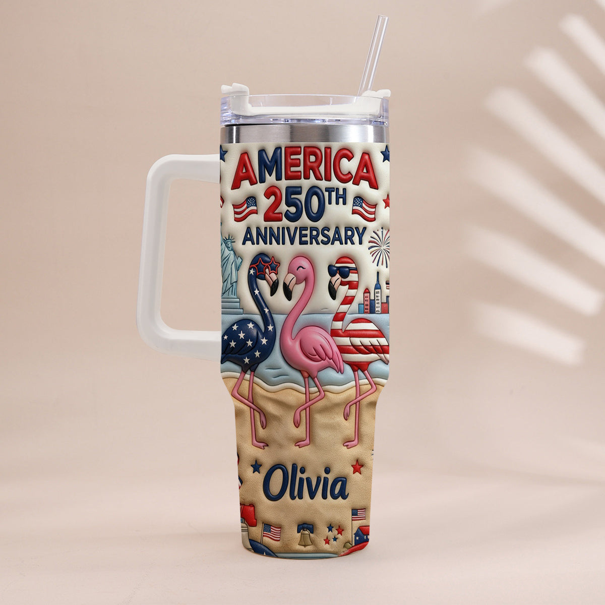 Patriotic Flamingo - Personalized Flamingo Tumbler With Handle