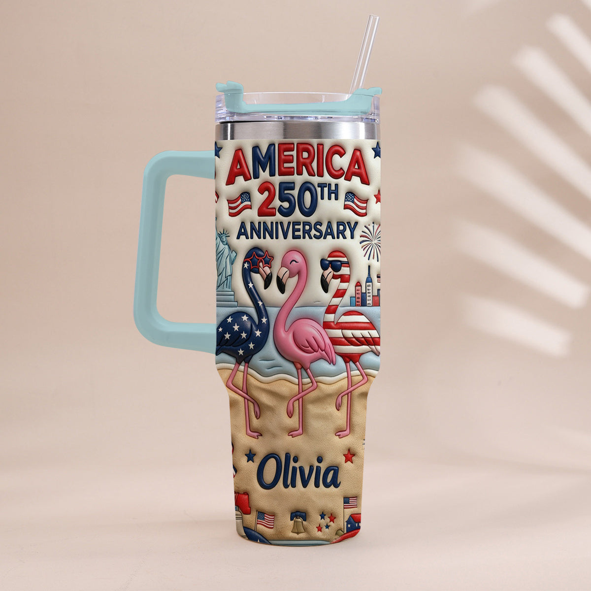 Patriotic Flamingo - Personalized Flamingo Tumbler With Handle