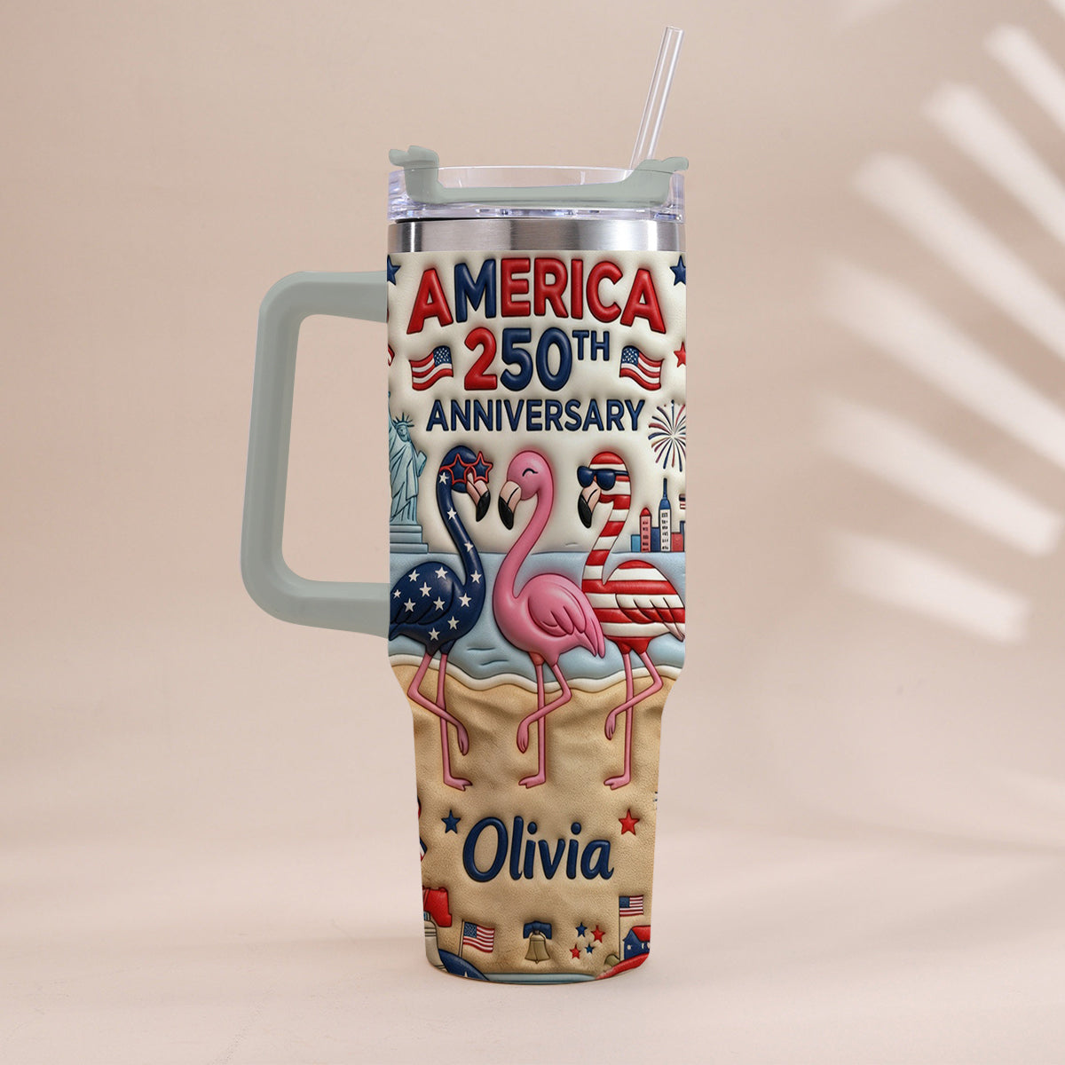 Patriotic Flamingo - Personalized Flamingo Tumbler With Handle