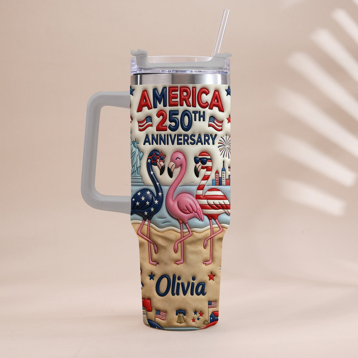 Patriotic Flamingo - Personalized Flamingo Tumbler With Handle