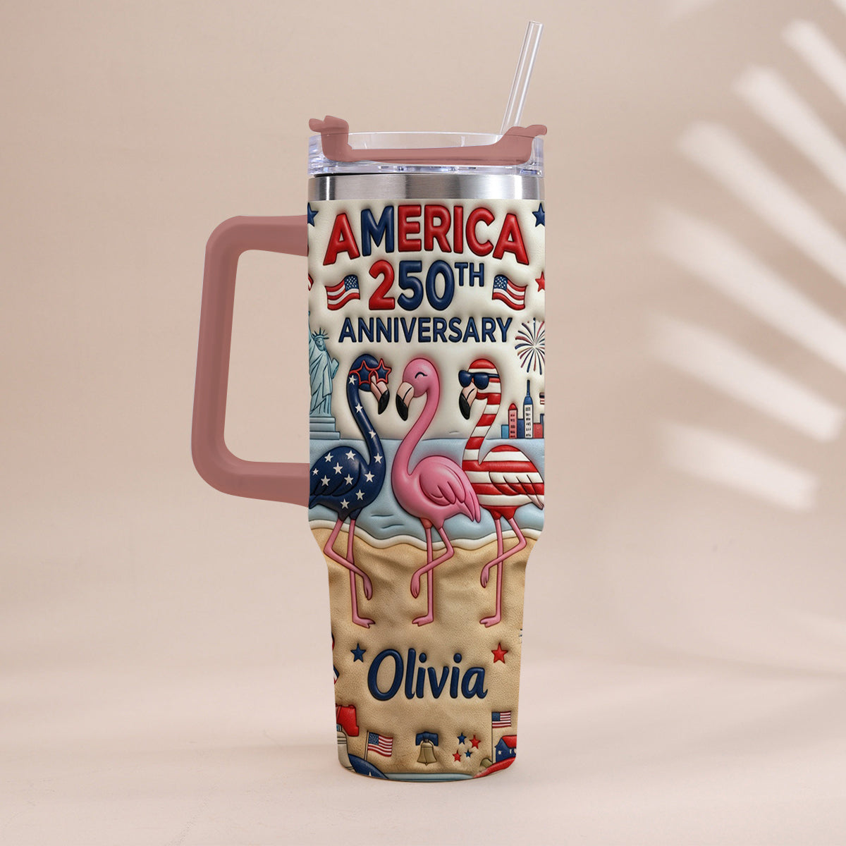 Patriotic Flamingo - Personalized Flamingo Tumbler With Handle