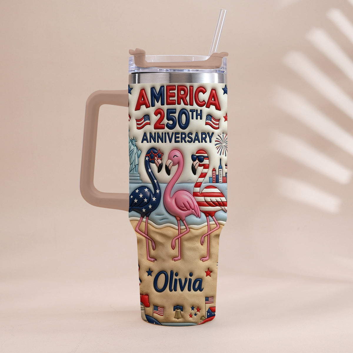 Patriotic Flamingo - Personalized Flamingo Tumbler With Handle
