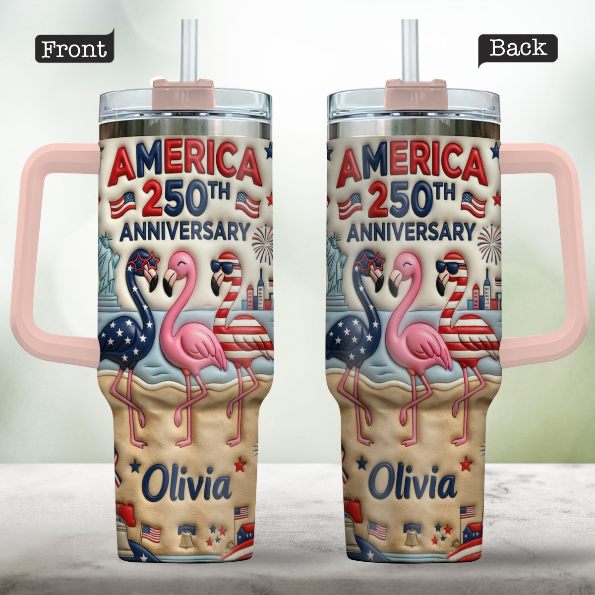 Patriotic Flamingo - Personalized Flamingo Tumbler With Handle