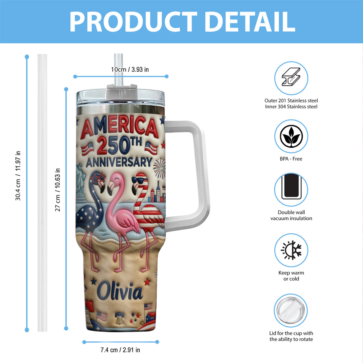 Patriotic Flamingo - Personalized Flamingo Tumbler With Handle